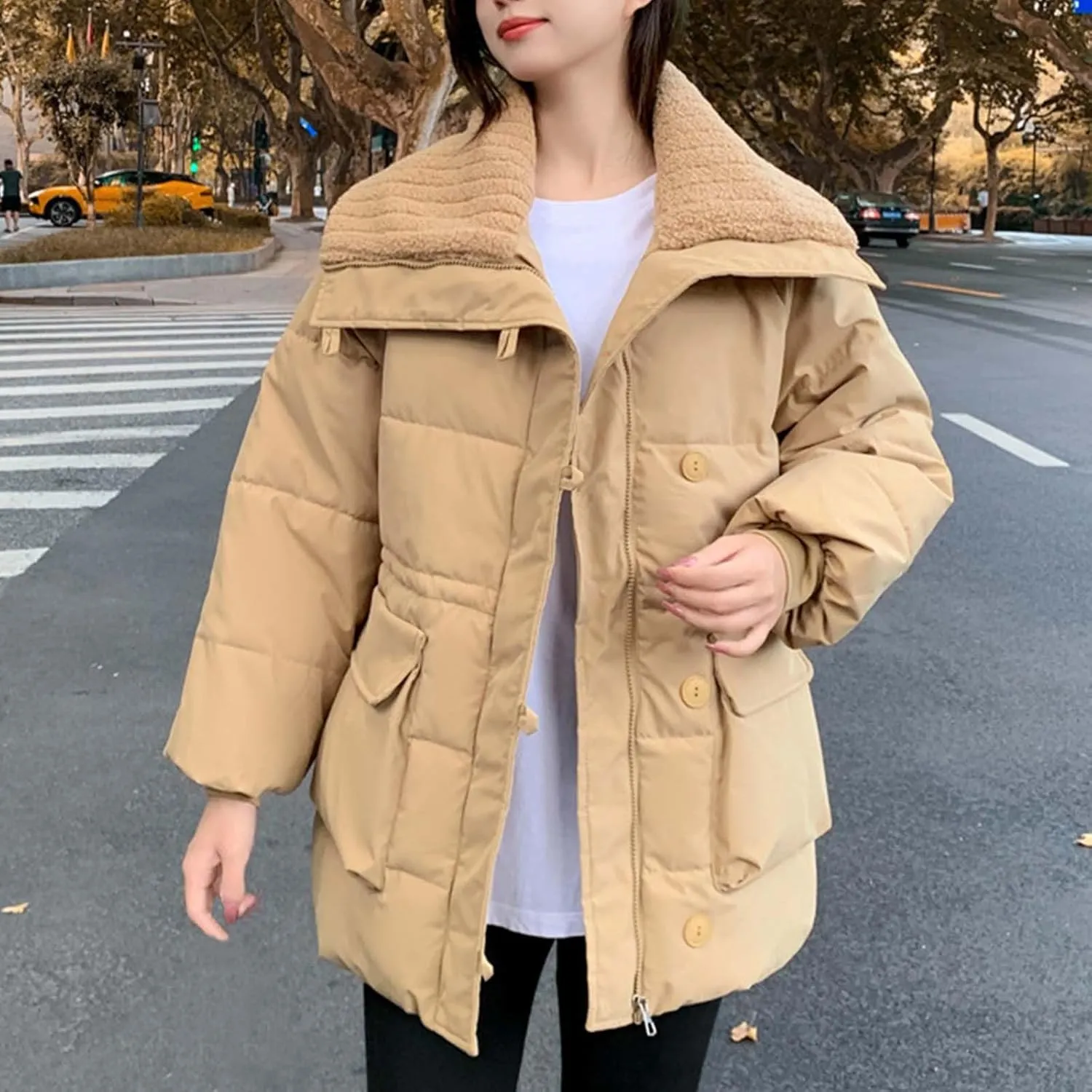 Women Quilted Puffer Jacket Winter Warm Thick Lapel Long Sleeve Down Coat Zip Up Fashion Coats Windproof Outerwear