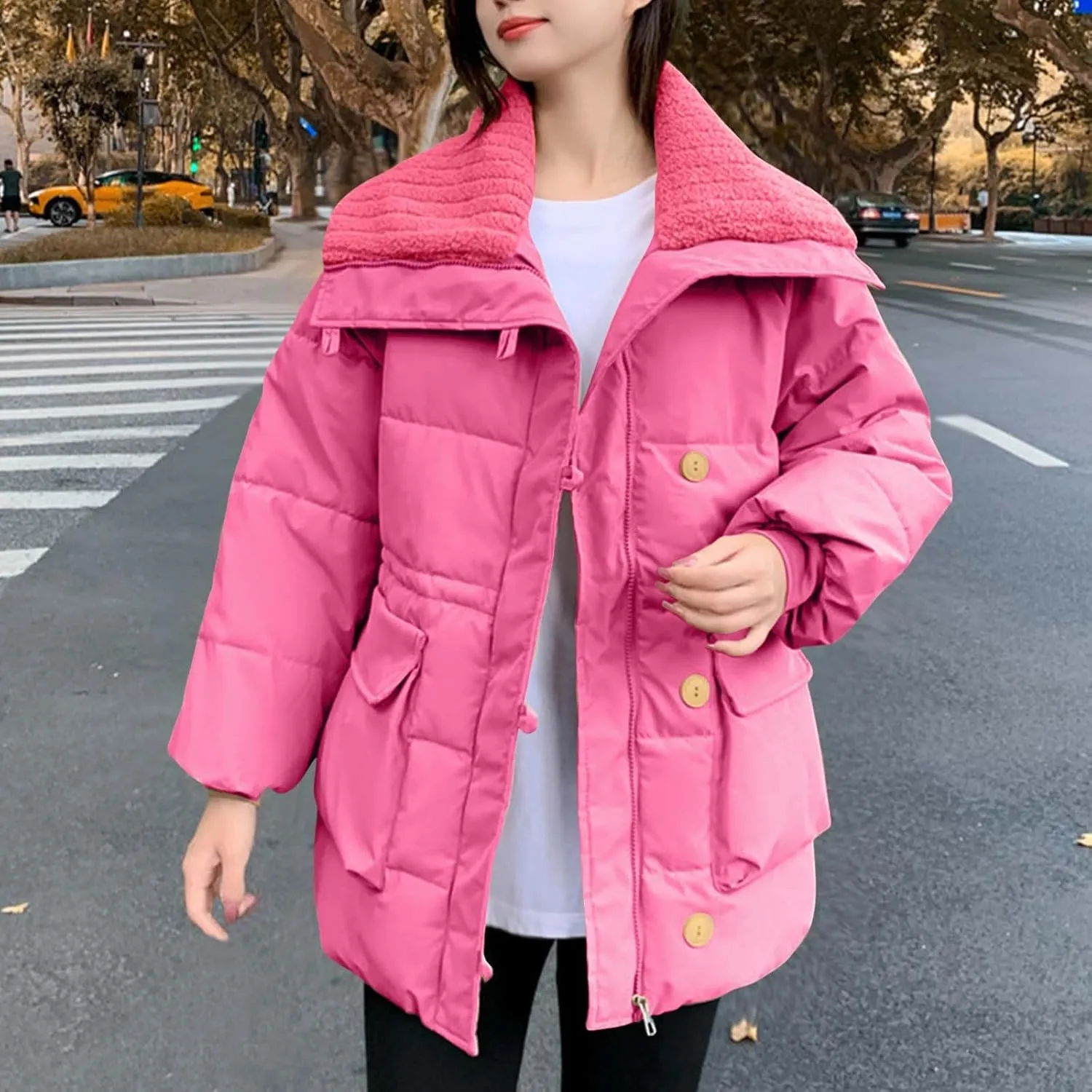 Women Quilted Puffer Jacket Winter Warm Thick Lapel Long Sleeve Down Coat Zip Up Fashion Coats Windproof Outerwear
