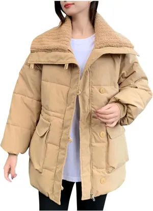 Women Quilted Puffer Jacket Winter Warm Thick Lapel Long Sleeve Down Coat Zip Up Fashion Coats Windproof Outerwear