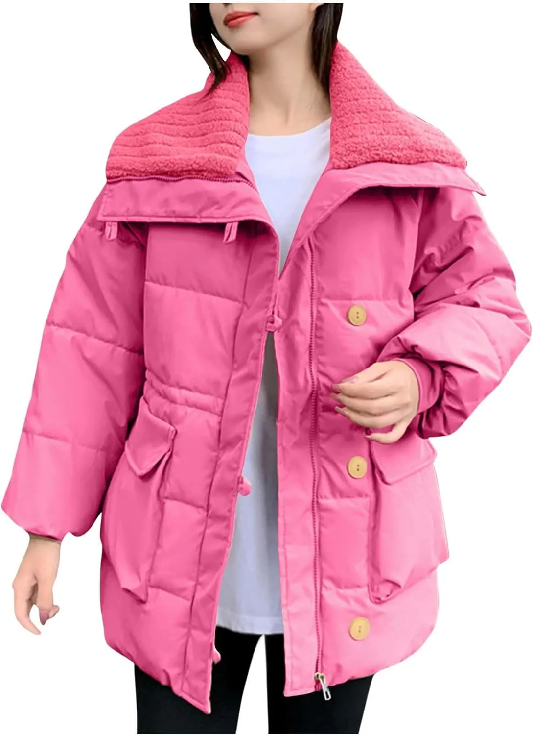 Women Quilted Puffer Jacket Winter Warm Thick Lapel Long Sleeve Down Coat Zip Up Fashion Coats Windproof Outerwear