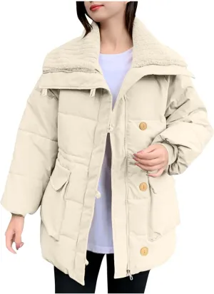 Women Quilted Puffer Jacket Winter Warm Thick Lapel Long Sleeve Down Coat Zip Up Fashion Coats Windproof Outerwear