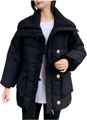 Women Quilted Puffer Jacket Winter Warm Thick Lapel Long Sleeve Down Coat Zip Up Fashion Coats Windproof Outerwear