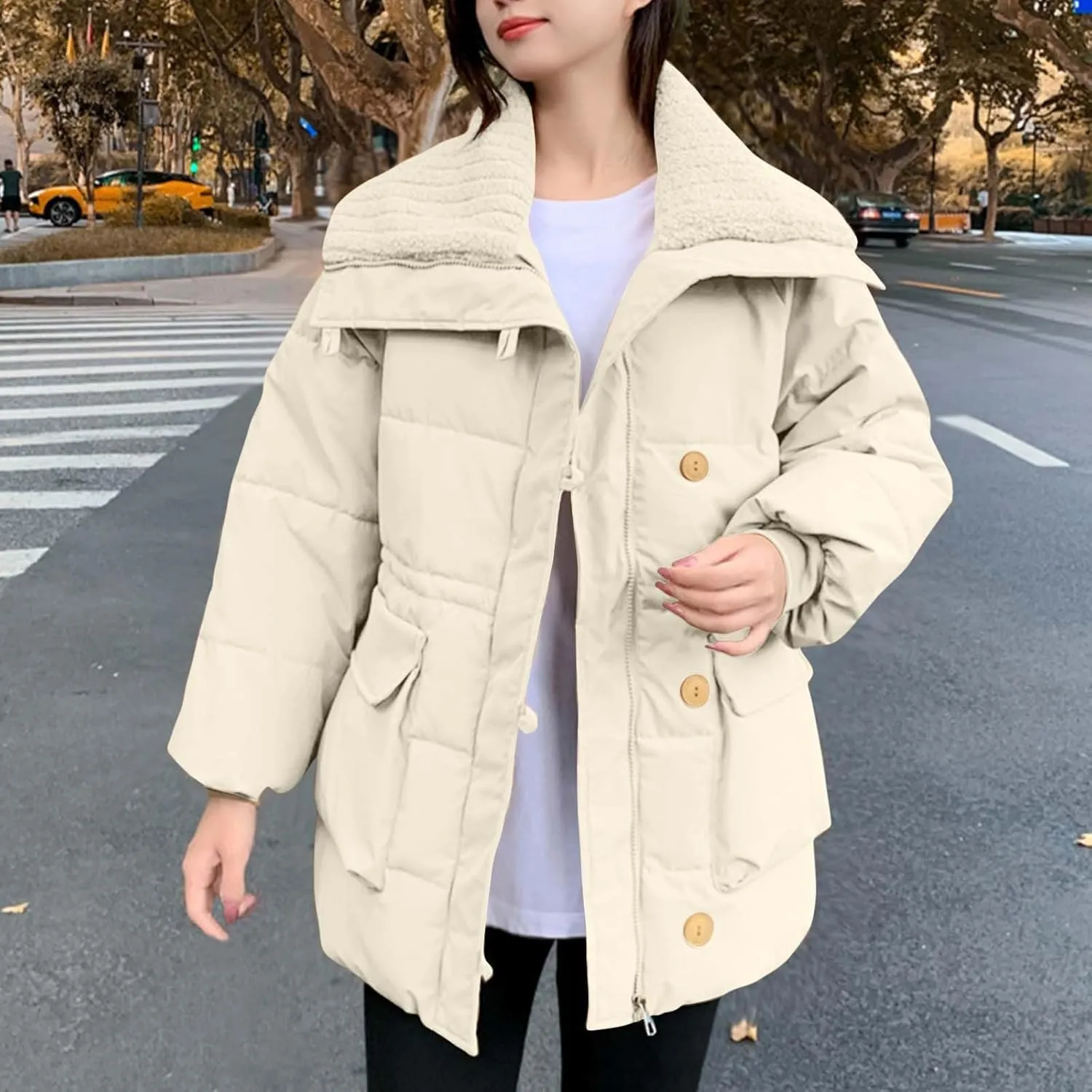 Women Quilted Puffer Jacket Winter Warm Thick Lapel Long Sleeve Down Coat Zip Up Fashion Coats Windproof Outerwear