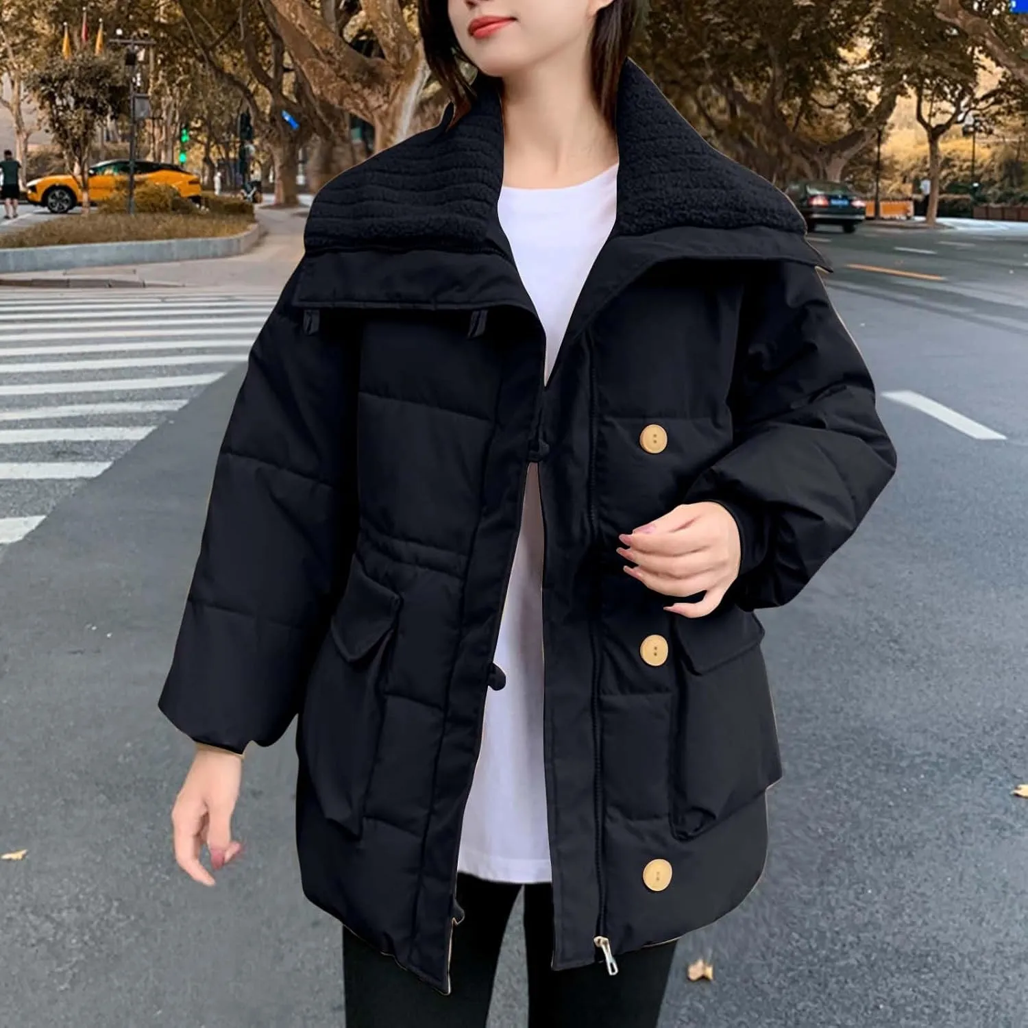 Women Quilted Puffer Jacket Winter Warm Thick Lapel Long Sleeve Down Coat Zip Up Fashion Coats Windproof Outerwear