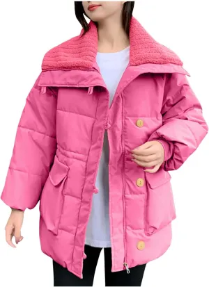 Women Quilted Puffer Jacket Winter Warm Thick Lapel Long Sleeve Down Coat Zip Up Fashion Coats Windproof Outerwear