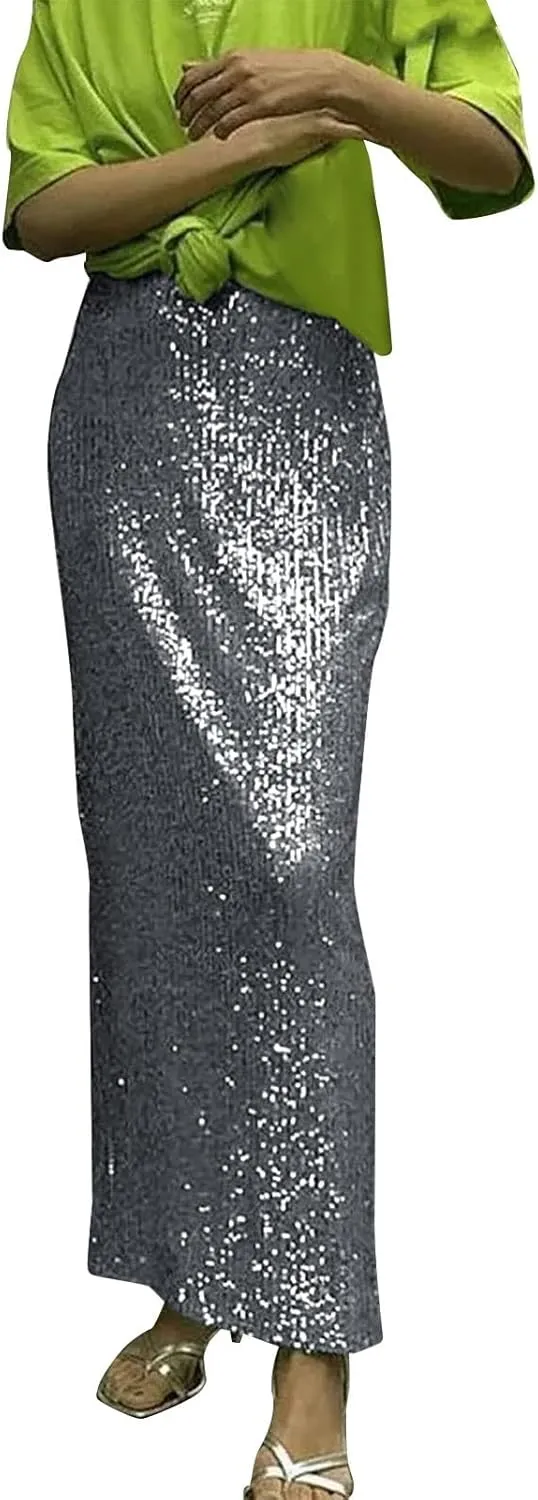 Women Sequin Skirt Sparkly Cute High Waist Ruffle Women's Elastic Waisted Bodycon Sparkle Night Out Silver Sparkly