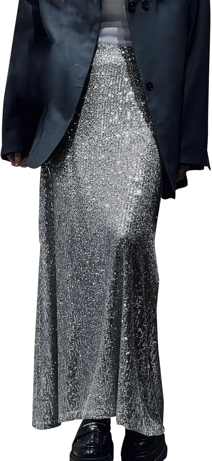 Women Sequin Skirt Sparkly Cute High Waist Ruffle Women's Elastic Waisted Bodycon Sparkle Night Out Silver Sparkly
