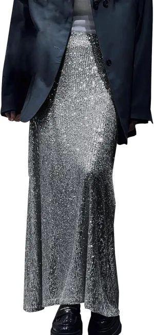 Women Sequin Skirt Sparkly Cute High Waist Ruffle Women's Elastic Waisted Bodycon Sparkle Night Out Silver Sparkly