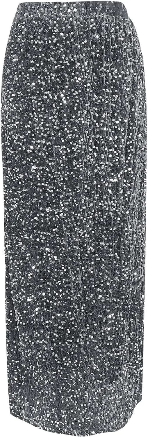 Women Sequin Skirt Sparkly Cute High Waist Ruffle Women's Elastic Waisted Bodycon Sparkle Night Out Silver Sparkly