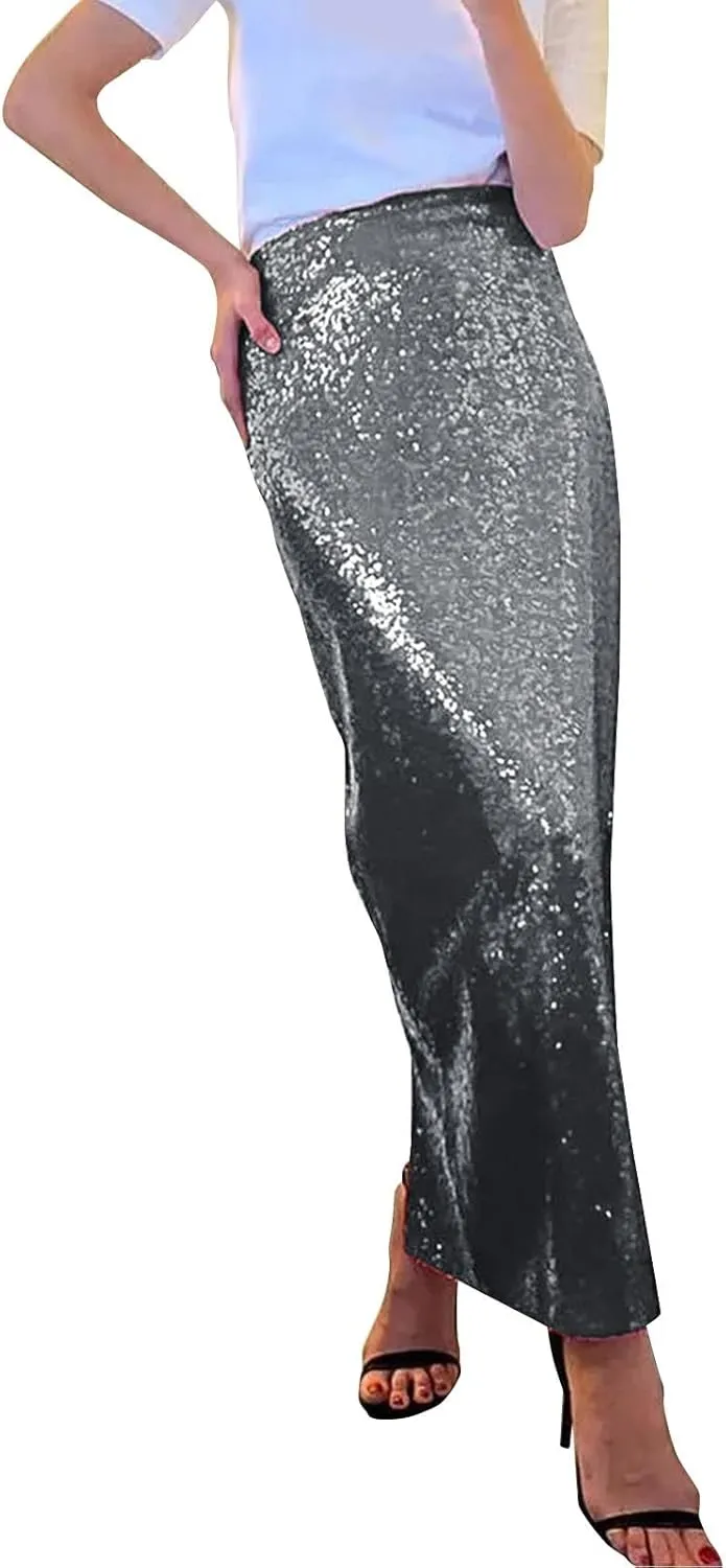 Women Sequin Skirt Sparkly Cute High Waist Ruffle Women's Elastic Waisted Bodycon Sparkle Night Out Silver Sparkly