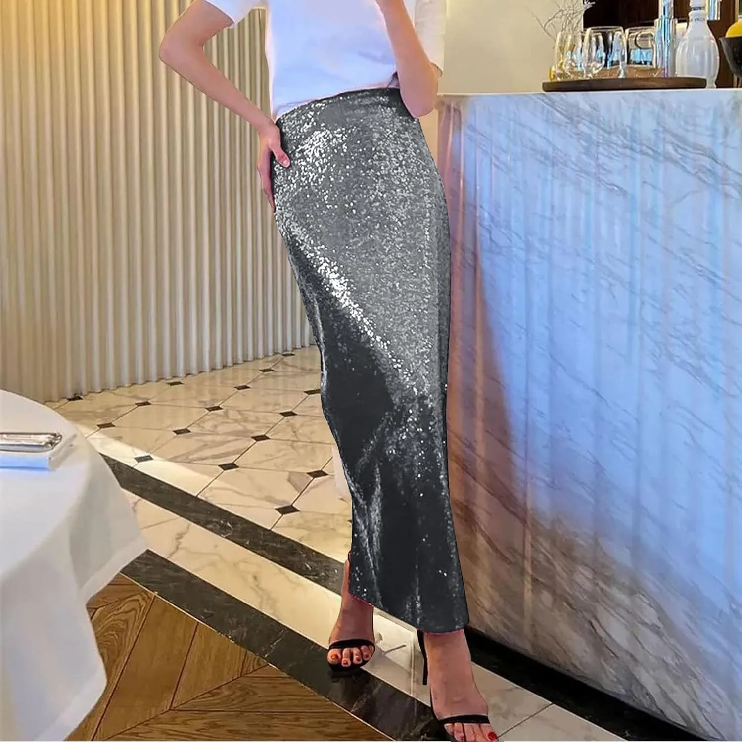 Women Sequin Skirt Sparkly Cute High Waist Ruffle Women's Elastic Waisted Bodycon Sparkle Night Out Silver Sparkly