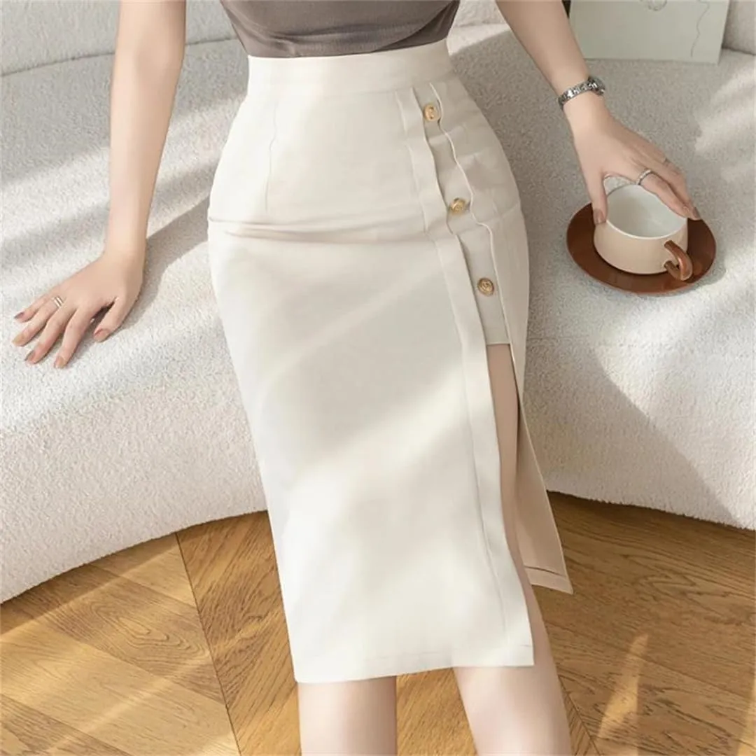 Women Spring Summer Elegant Front Split Sheath Wrap Midi Skirts Buttons Office Pencil Skirts