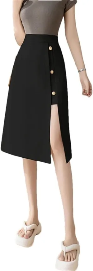 Women Spring Summer Elegant Front Split Sheath Wrap Midi Skirts Buttons Office Pencil Skirts