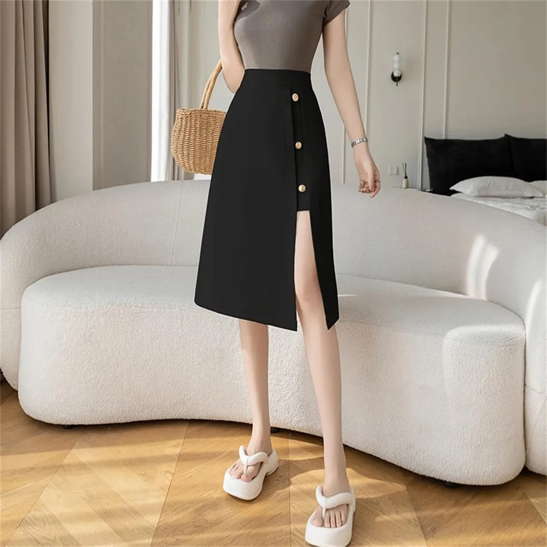 Women Spring Summer Elegant Front Split Sheath Wrap Midi Skirts Buttons Office Pencil Skirts