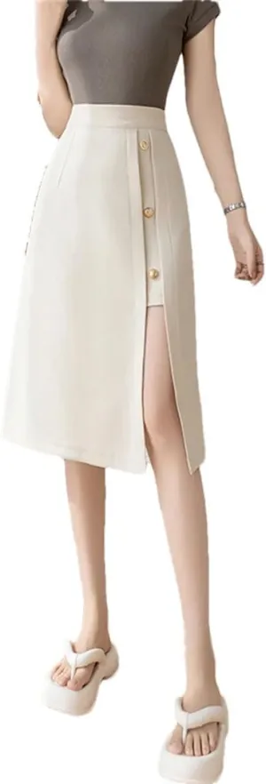 Women Spring Summer Elegant Front Split Sheath Wrap Midi Skirts Buttons Office Pencil Skirts