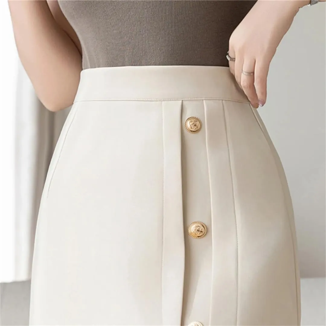 Women Spring Summer Elegant Front Split Sheath Wrap Midi Skirts Buttons Office Pencil Skirts