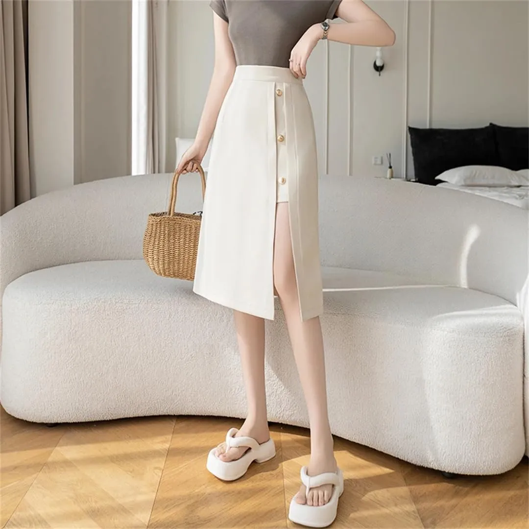 Women Spring Summer Elegant Front Split Sheath Wrap Midi Skirts Buttons Office Pencil Skirts