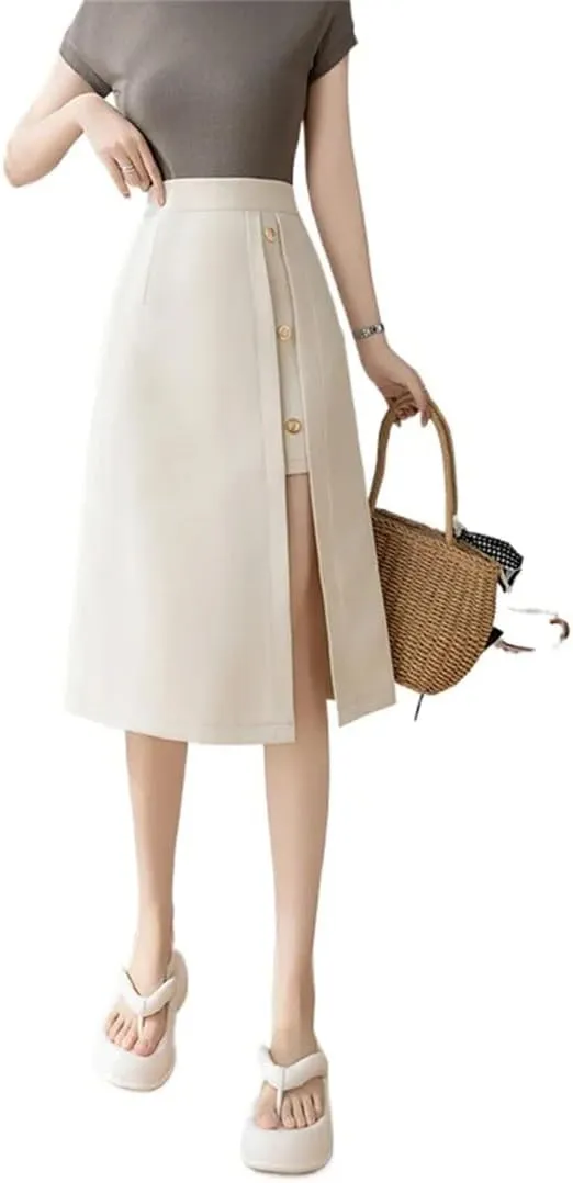 Women Spring Summer Elegant Front Split Sheath Wrap Midi Skirts Buttons Office Pencil Skirts