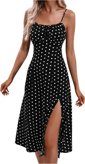 Women Summer Ditsy Floral Print Sexy Sundresses Spaghetti Strap Polka Dot Boho Dress Flowy Side Split Midi Dresses