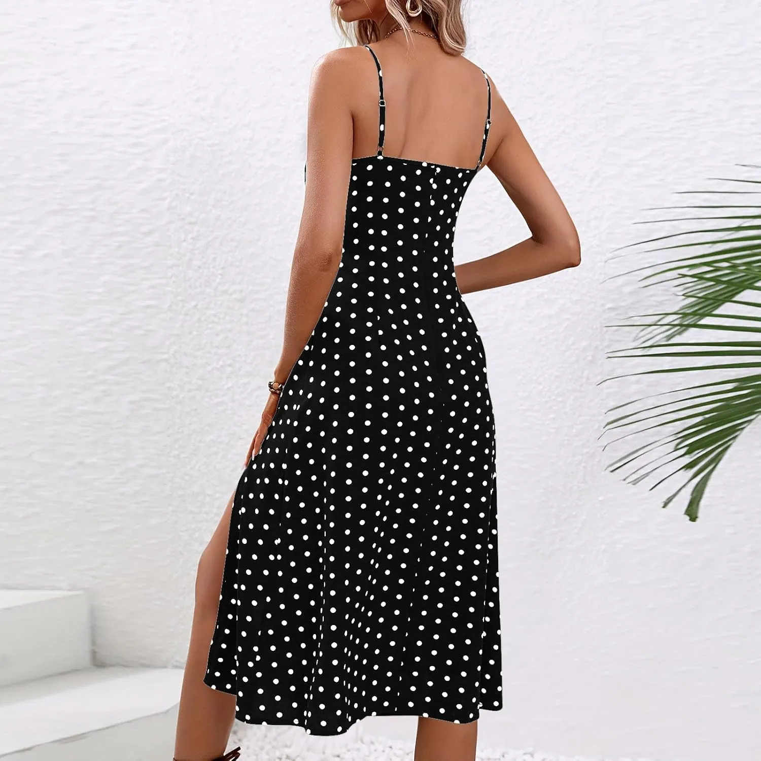 Women Summer Ditsy Floral Print Sexy Sundresses Spaghetti Strap Polka Dot Boho Dress Flowy Side Split Midi Dresses