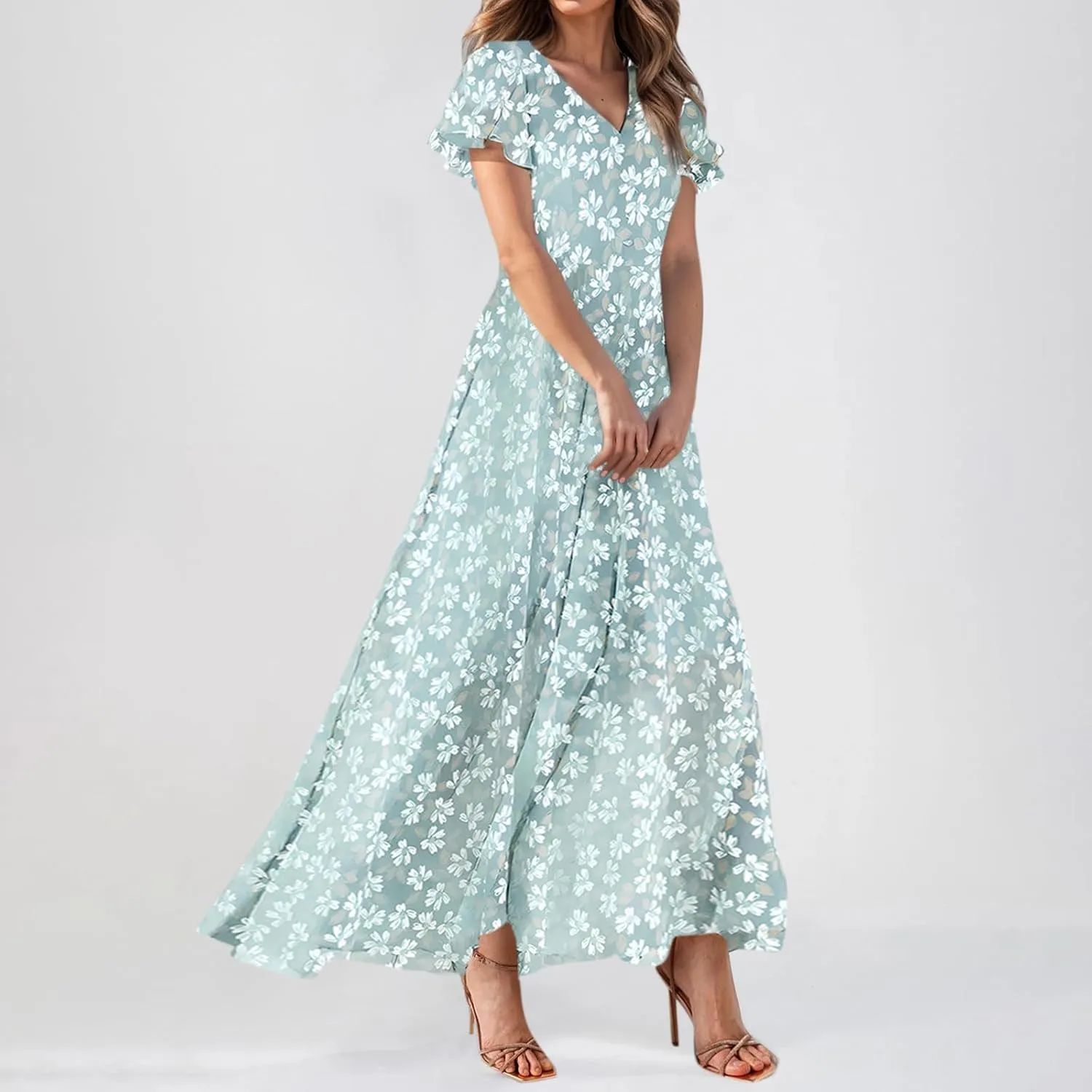 Women Summer Dresses High Waist Maxi Dress Chiffon Ruffle Sleeve Bohemian Dresses Vneck Tea Party Dress