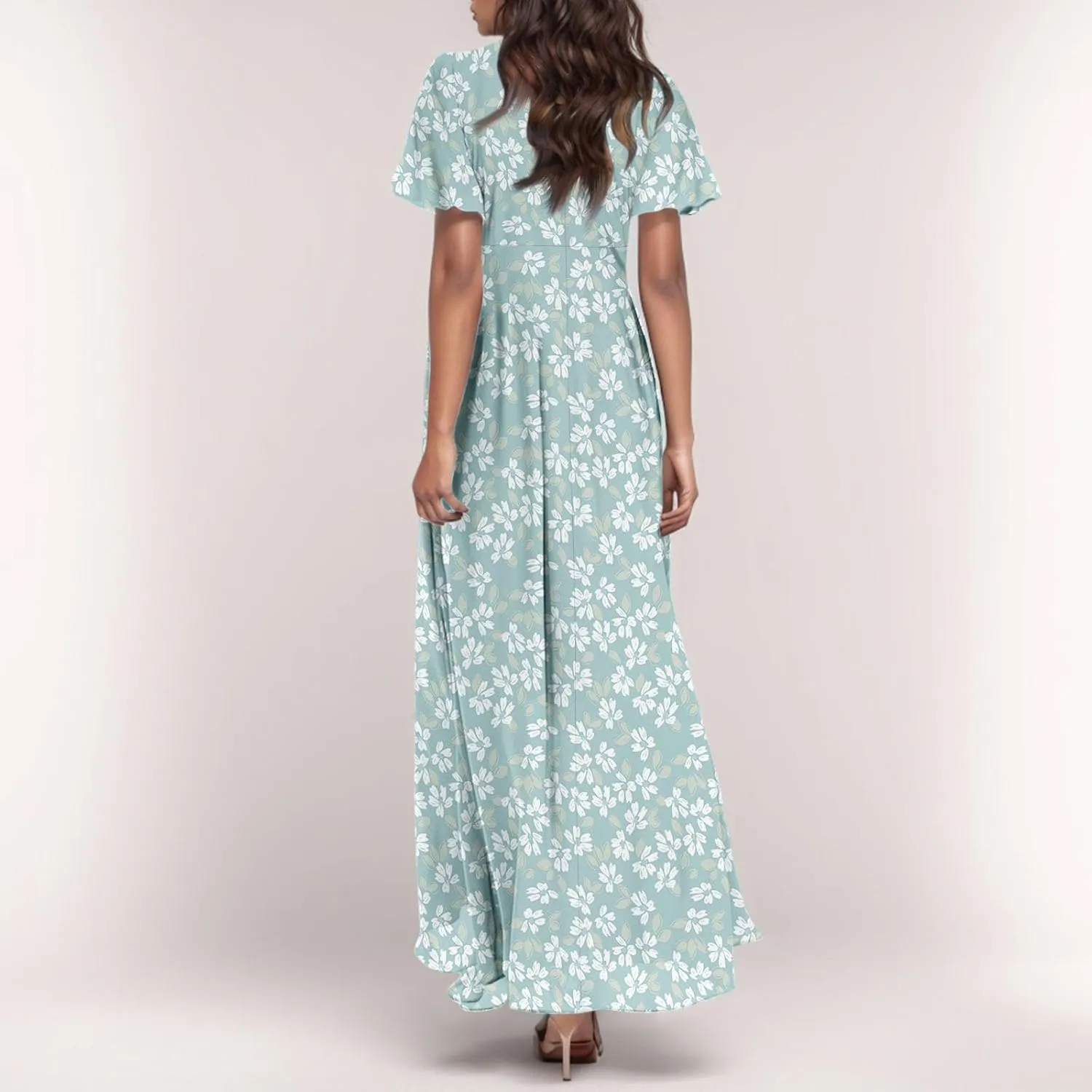 Women Summer Dresses High Waist Maxi Dress Chiffon Ruffle Sleeve Bohemian Dresses Vneck Tea Party Dress