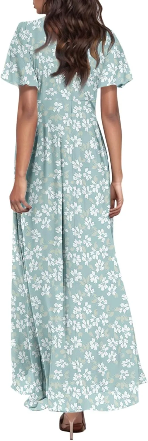 Women Summer Dresses High Waist Maxi Dress Chiffon Ruffle Sleeve Bohemian Dresses Vneck Tea Party Dress