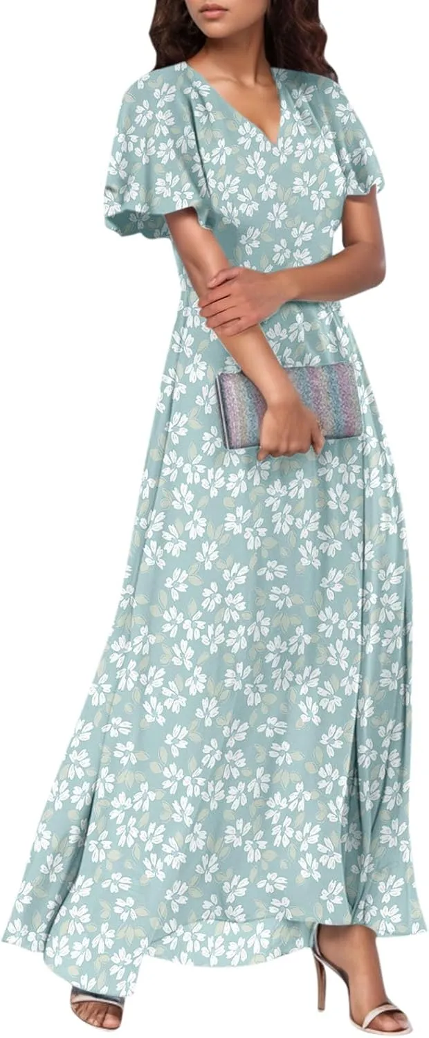 Women Summer Dresses High Waist Maxi Dress Chiffon Ruffle Sleeve Bohemian Dresses Vneck Tea Party Dress
