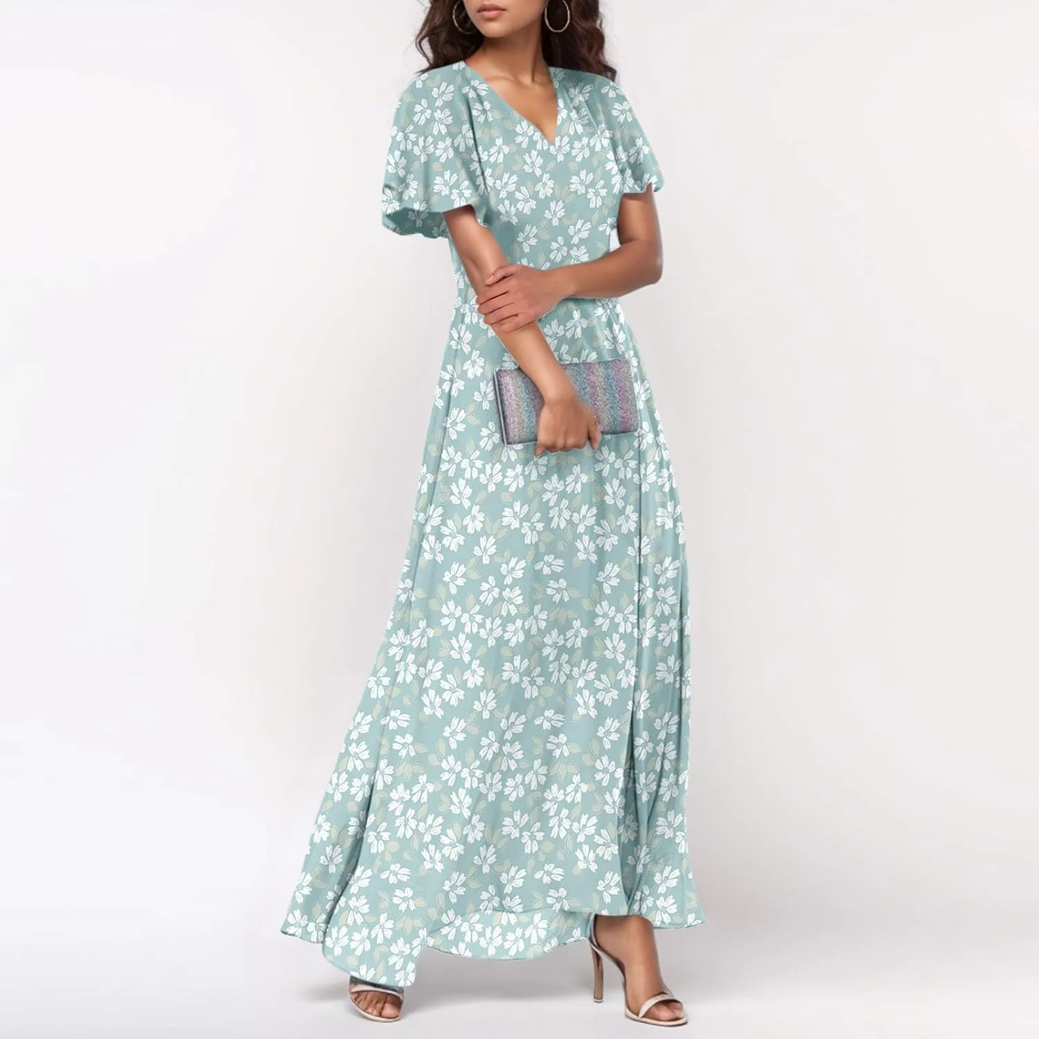Women Summer Dresses High Waist Maxi Dress Chiffon Ruffle Sleeve Bohemian Dresses Vneck Tea Party Dress