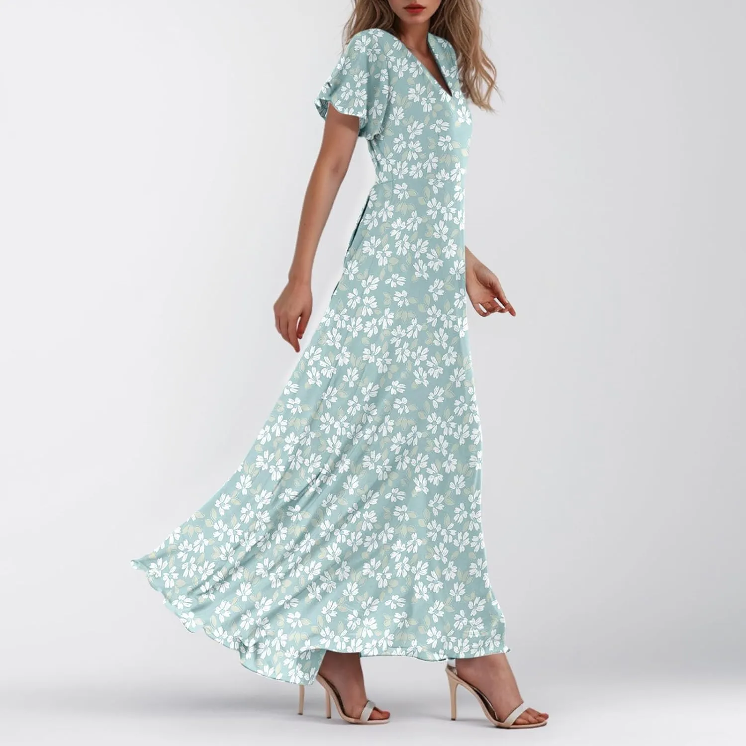 Women Summer Dresses High Waist Maxi Dress Chiffon Ruffle Sleeve Bohemian Dresses Vneck Tea Party Dress