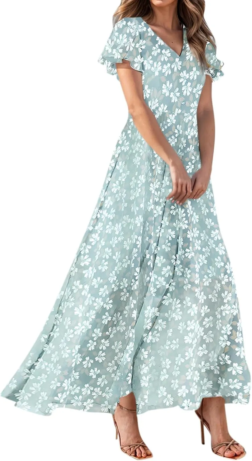 Women Summer Dresses High Waist Maxi Dress Chiffon Ruffle Sleeve Bohemian Dresses Vneck Tea Party Dress