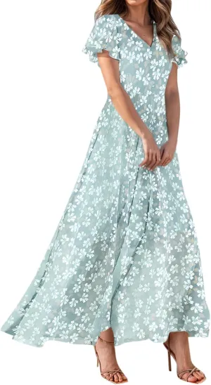 Women Summer Dresses High Waist Maxi Dress Chiffon Ruffle Sleeve Bohemian Dresses Vneck Tea Party Dress