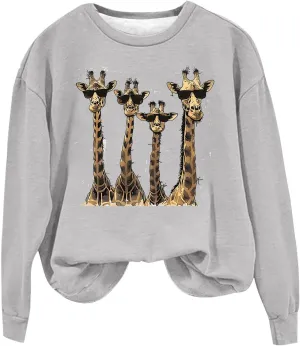 Women Sweatshirt Cute Giraffe Pullover Hoodie Long Sleeve Tops Pullover Y2k Crewneck Sweatshirts 2024