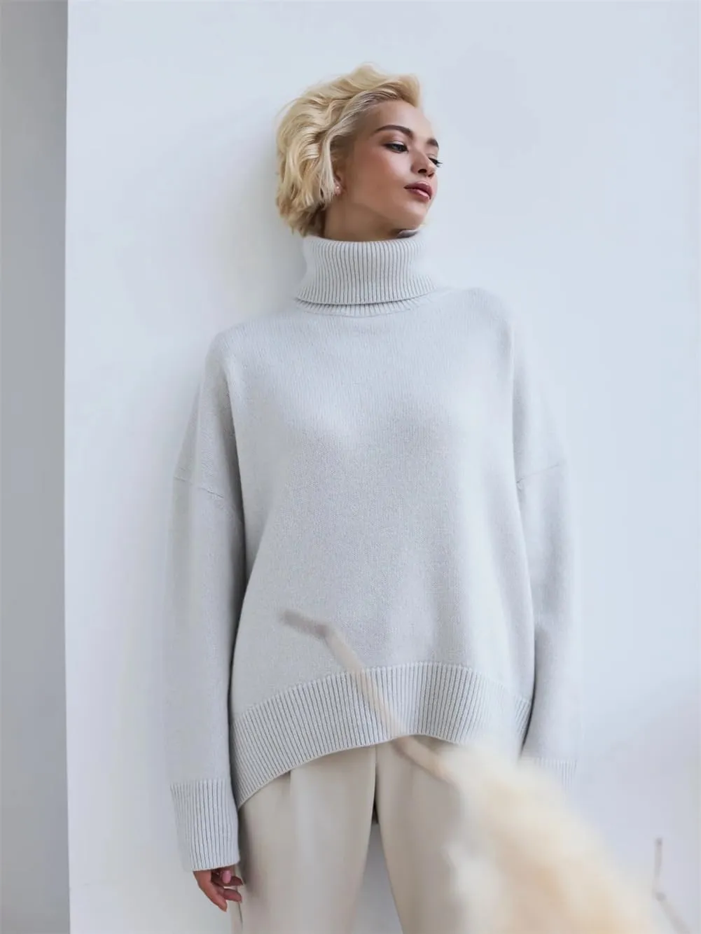 Women Thick Turtleneck Oversize Sweaters Winter Cashmere Cotton Blend Warm Knitted Pullovers Tops