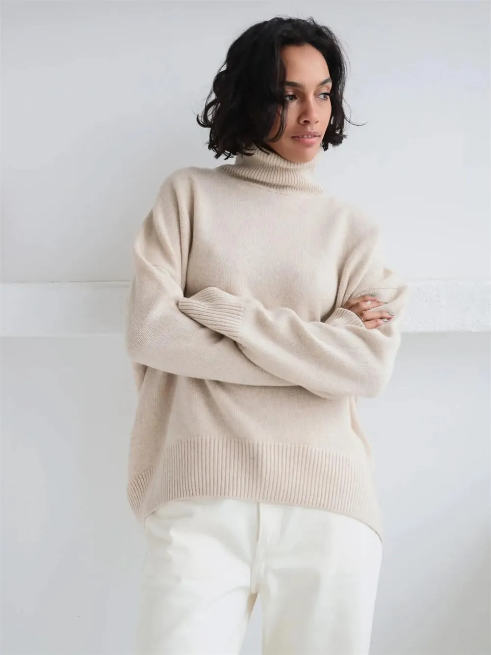 Women Thick Turtleneck Oversize Sweaters Winter Cashmere Cotton Blend Warm Knitted Pullovers Tops