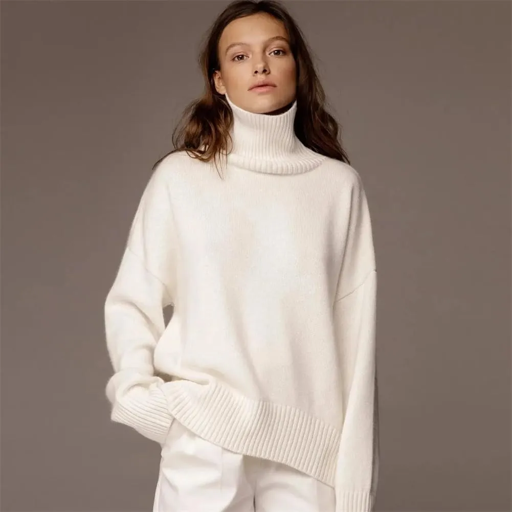 Women Thick Turtleneck Oversize Sweaters Winter Cashmere Cotton Blend Warm Knitted Pullovers Tops