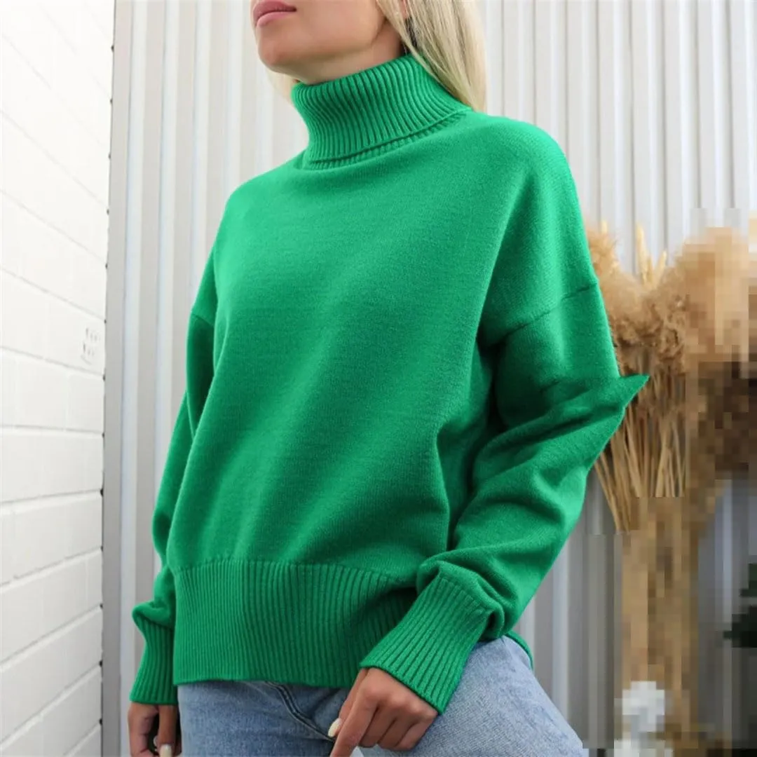 Women Turtleneck Sweater Autumn Winter Thick Warm Top Oversized Casual Loose Knitted Pullovers