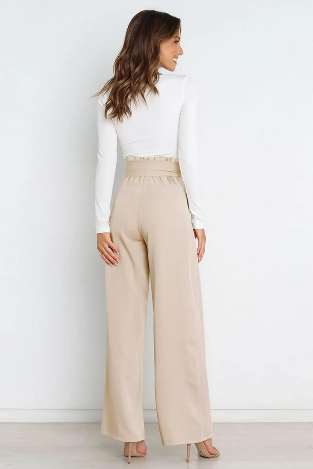 Women Wide Leg Lounge Pants Business Casual High Waist Adjustable Tie Knot Straight Leg Trousers with Pockets