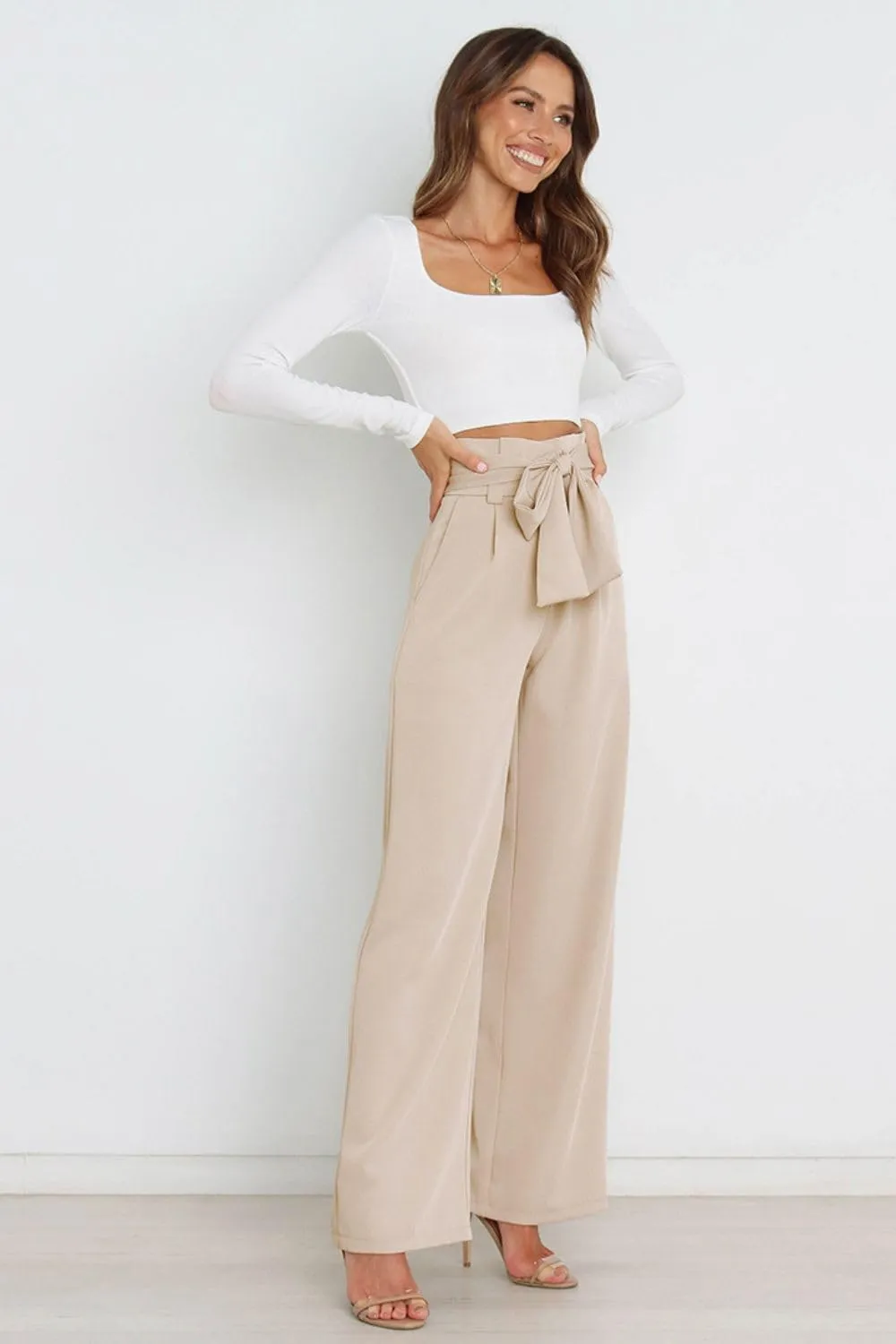 Women Wide Leg Lounge Pants Business Casual High Waist Adjustable Tie Knot Straight Leg Trousers with Pockets