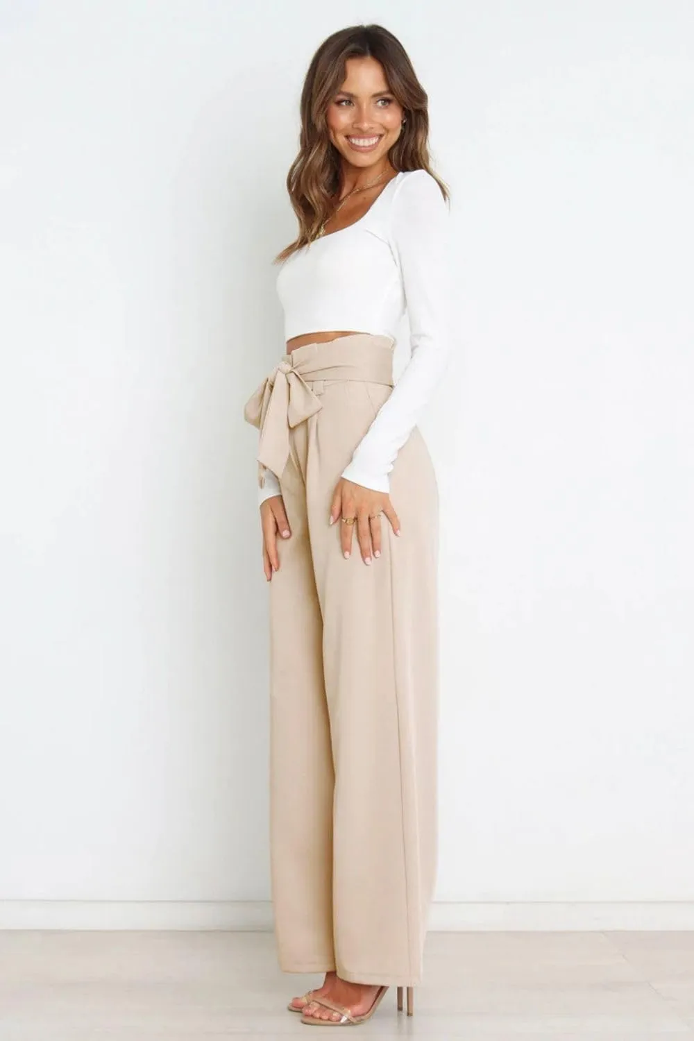 Women Wide Leg Lounge Pants Business Casual High Waist Adjustable Tie Knot Straight Leg Trousers with Pockets