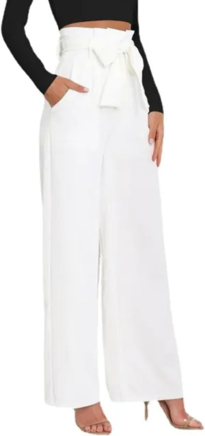 Women Wide Leg Lounge Pants Business Casual High Waist Adjustable Tie Knot Straight Leg Trousers with Pockets