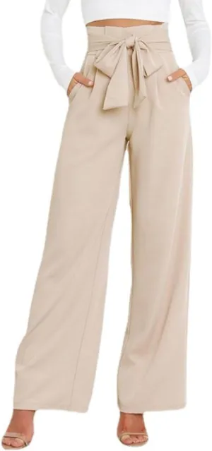 Women Wide Leg Lounge Pants Business Casual High Waist Adjustable Tie Knot Straight Leg Trousers with Pockets