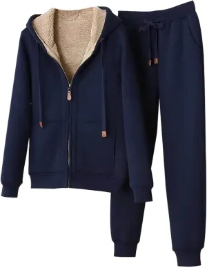 Womens 2 Piece Outfits Fleece Lined Sweatsuits Zip Up Sherpa Lined Hoodie Jacket Sweatpants Tracksuit Set with Pockets