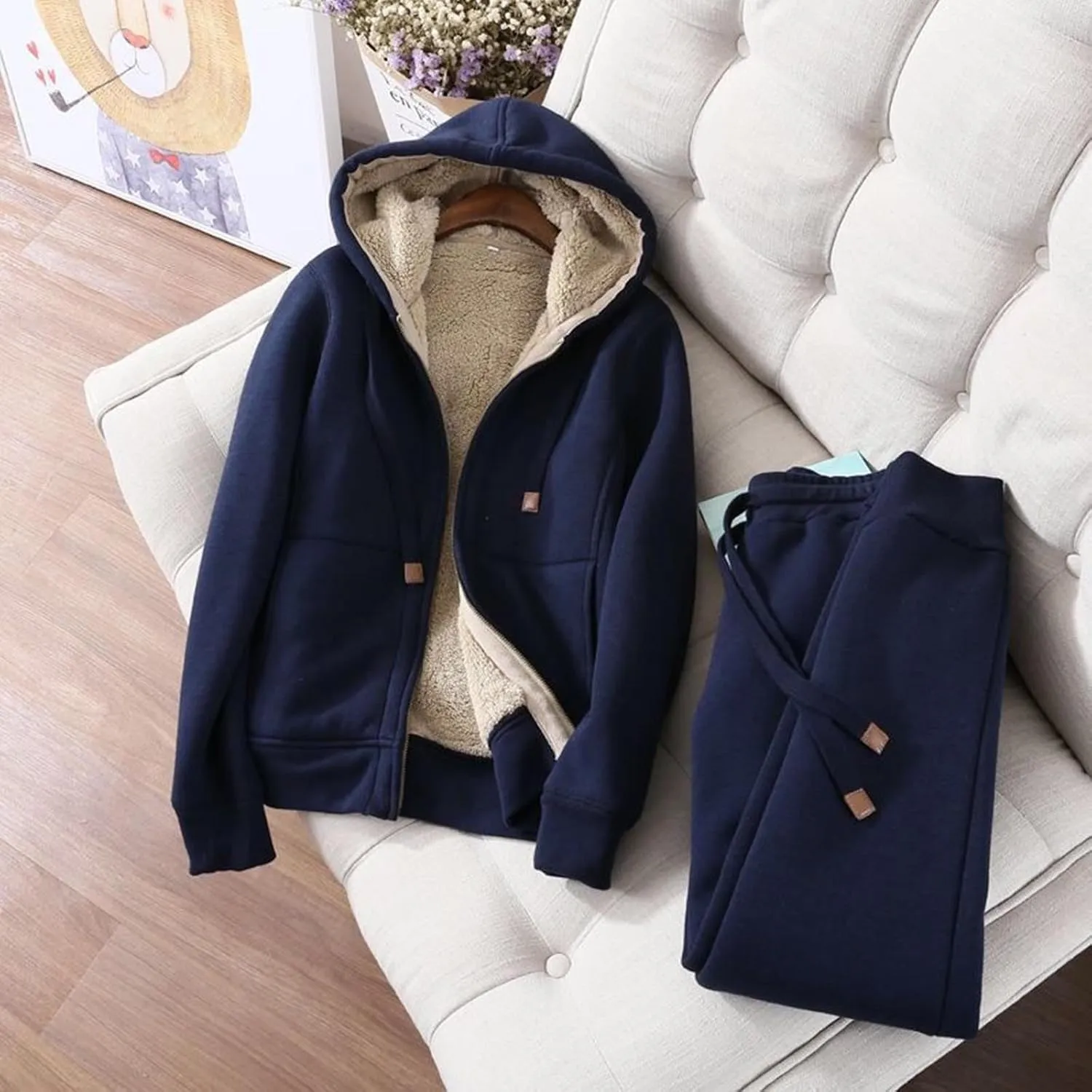 Womens 2 Piece Outfits Fleece Lined Sweatsuits Zip Up Sherpa Lined Hoodie Jacket Sweatpants Tracksuit Set with Pockets