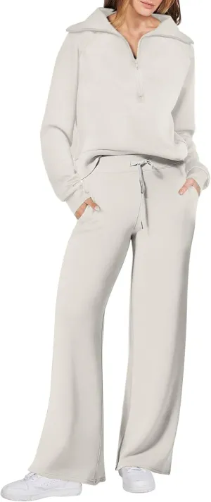 Womens 2 Piece Outfits Sweatsuit Set 2023 Fall Fashion Half Zip Sweatshirt Wide Leg Sweatpant Lounge Set Tracksuit