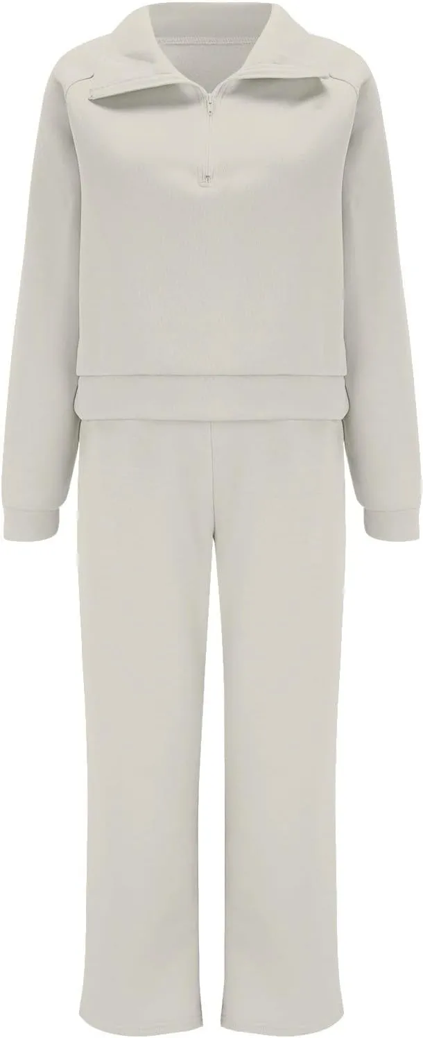 Womens 2 Piece Outfits Sweatsuit Set 2023 Fall Fashion Half Zip Sweatshirt Wide Leg Sweatpant Lounge Set Tracksuit