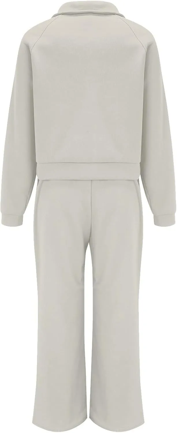 Womens 2 Piece Outfits Sweatsuit Set 2023 Fall Fashion Half Zip Sweatshirt Wide Leg Sweatpant Lounge Set Tracksuit