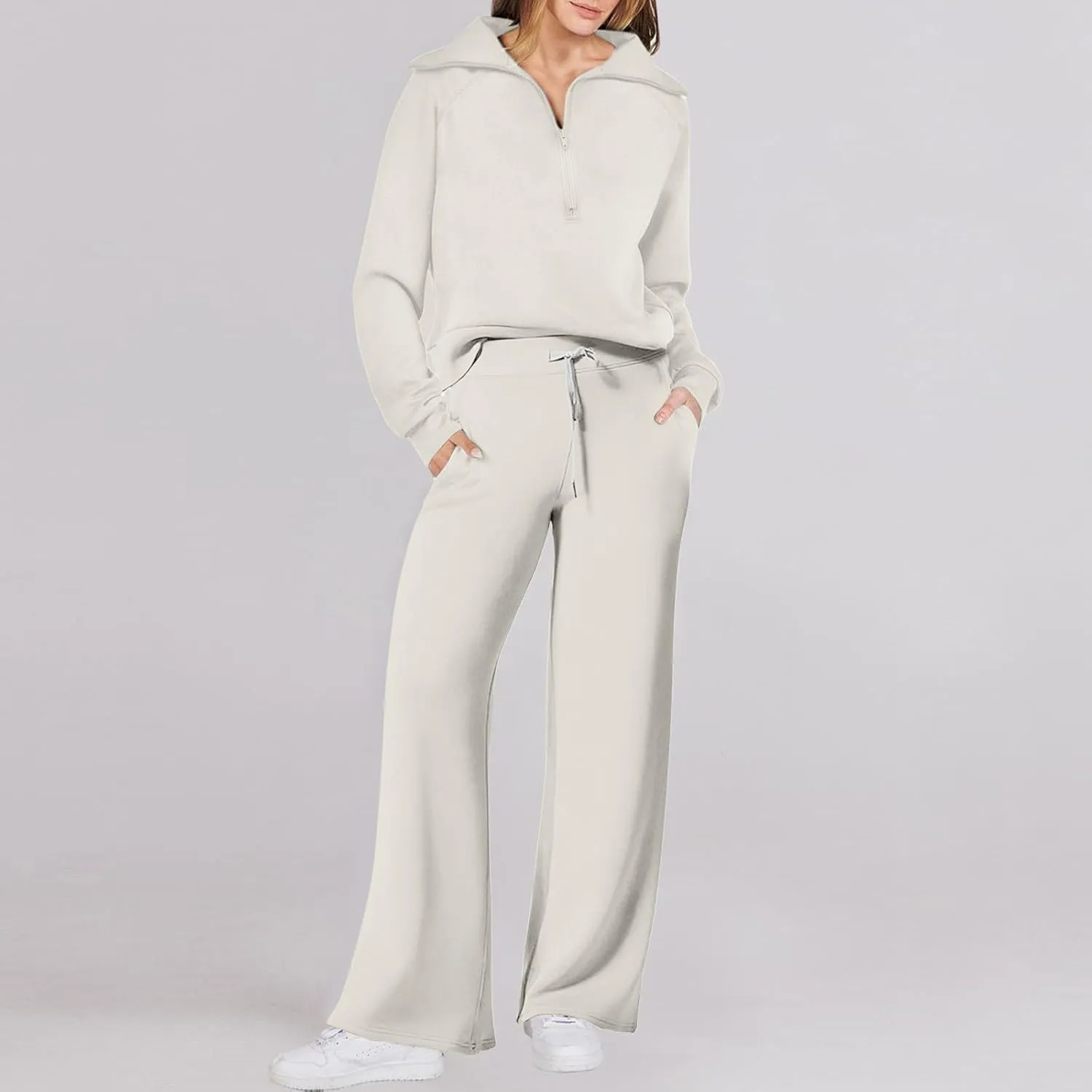 Womens 2 Piece Outfits Sweatsuit Set 2023 Fall Fashion Half Zip Sweatshirt Wide Leg Sweatpant Lounge Set Tracksuit