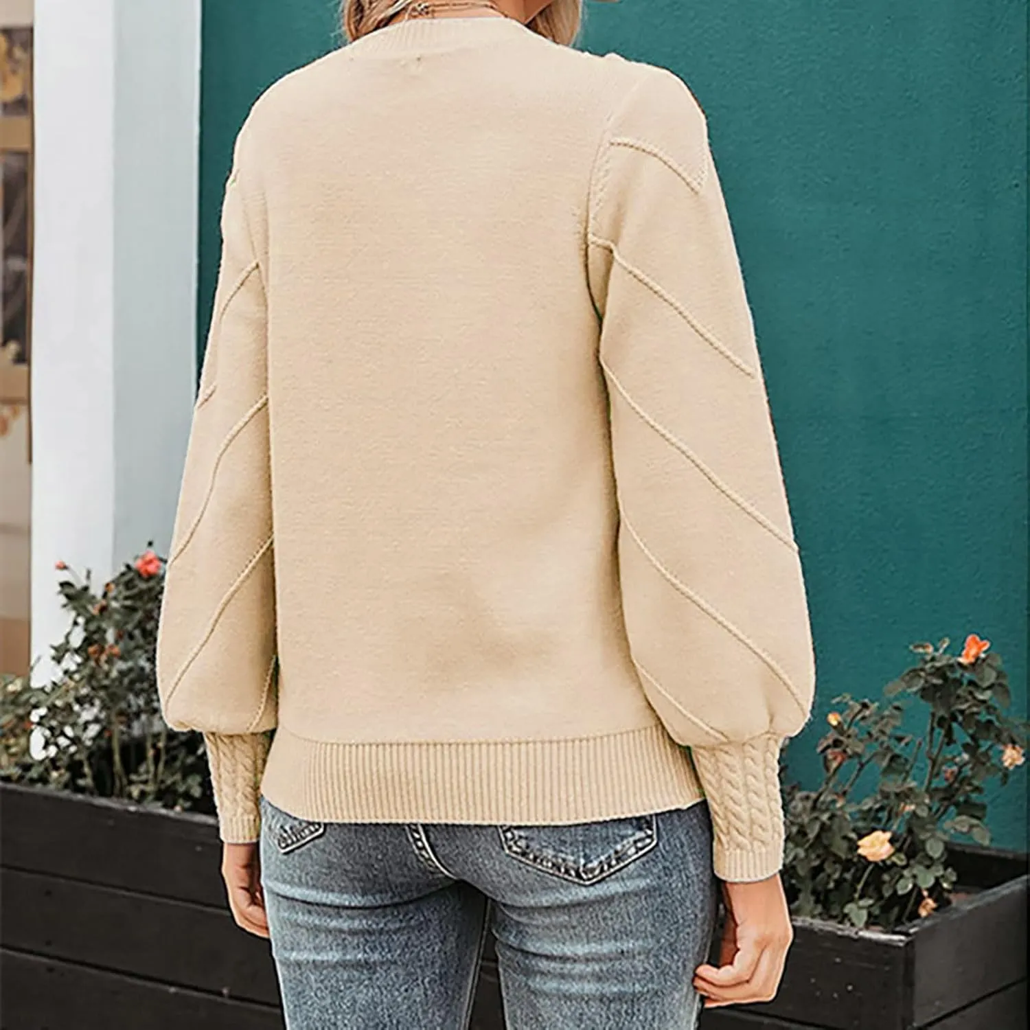 Womens 2023 Fall Trendy Sweaters Fashion Hairball Round-Neck Sweater Lantern Sleeves Knitted Pullovers Tops