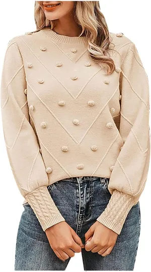 Womens 2023 Fall Trendy Sweaters Fashion Hairball Round-Neck Sweater Lantern Sleeves Knitted Pullovers Tops